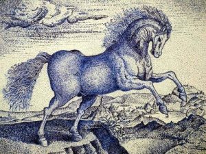 untamed horse - Hendrick Goltzius reproduction 1578, point pen drawing, by Peter Pavluvcik.