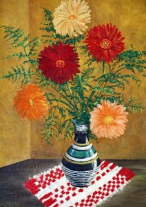 Gerbera in a vase, oil painting, hardboard, by Peter Pavluvcik.