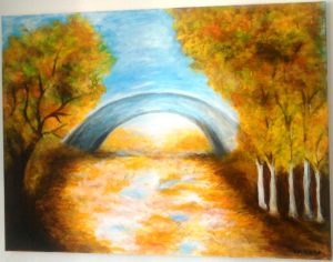 Most nad potokom v jesennej prírode, 80x60cm, akryl na plátne.