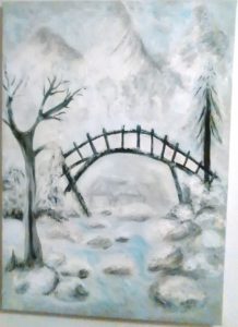 Zimná-Krajina-zamrznutý-potok-starý-drevený-most